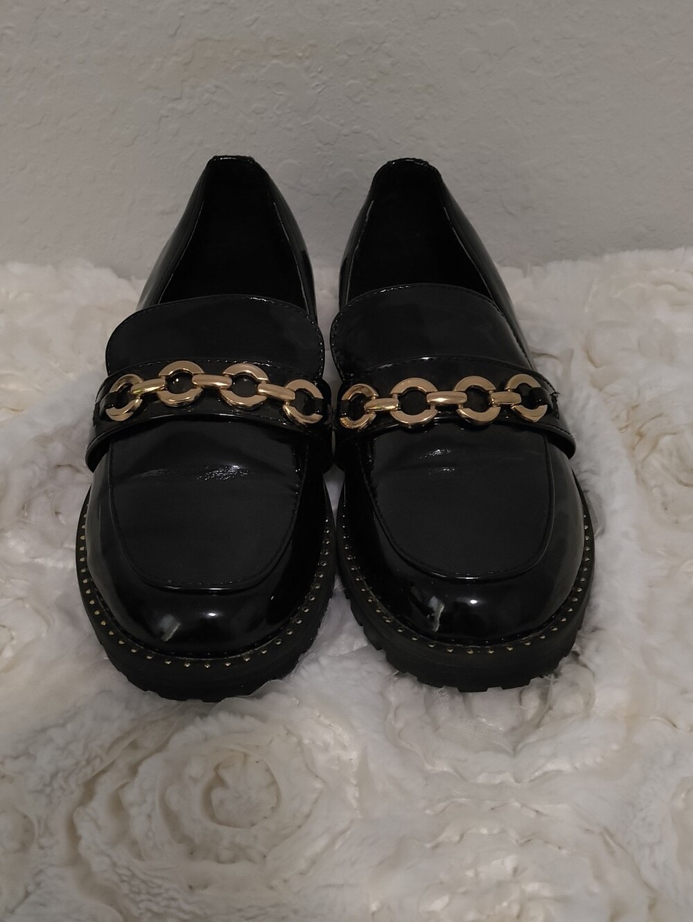 Report Patent Leather Chain-Trim Women’s Loafers in Black